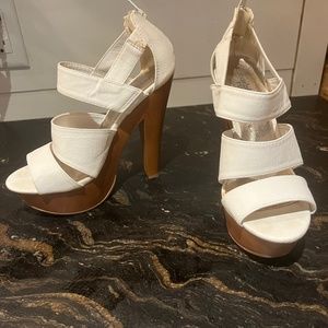 White faux leather and wood look bottom heels